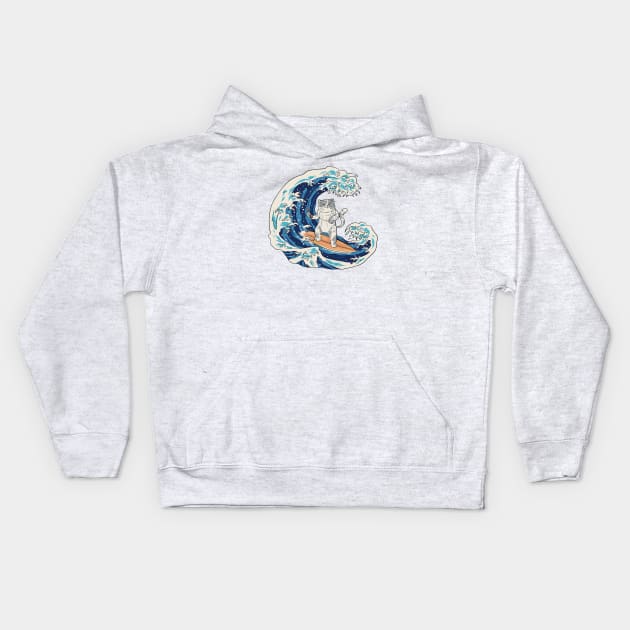 Funny Retro Surfing Sushi Cat Riding a Great Wave Kids Hoodie by SLAG_Creative